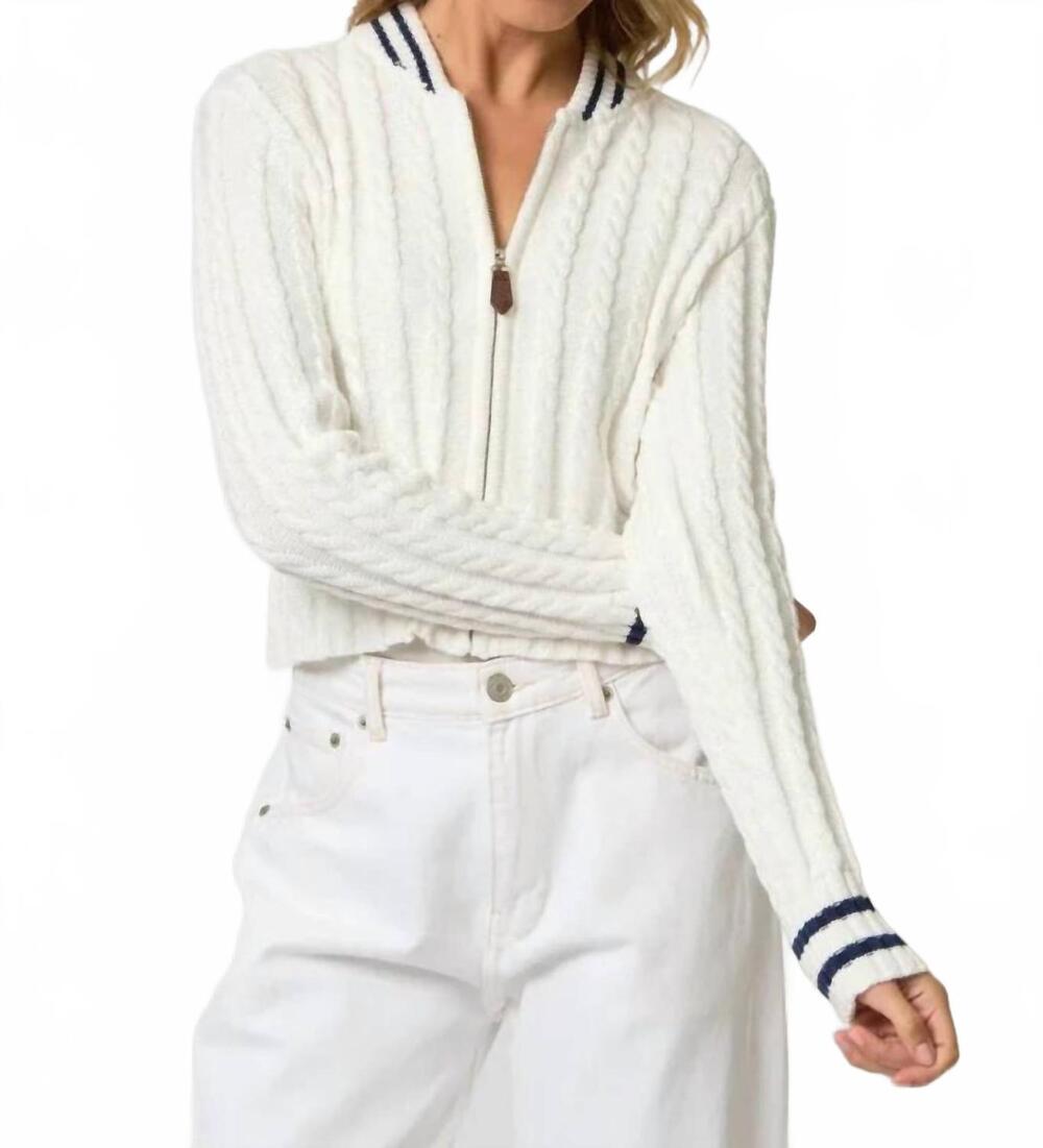 NEW CENTRAL PARK WEST coen cable zip up bomber jacket in white/navy